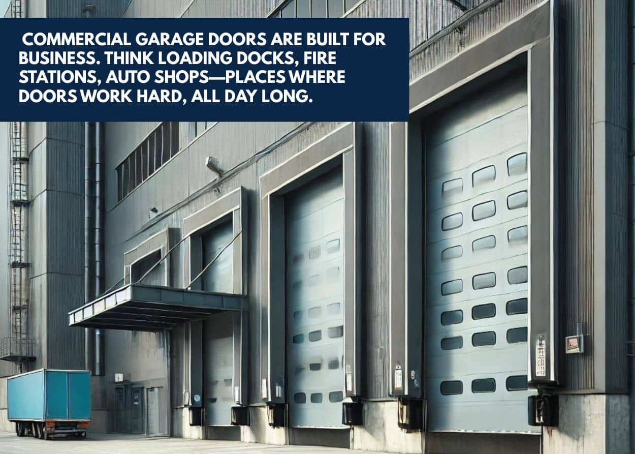Commercial garage doors are built for business. Think loading docks, fire stations, auto shops—places where doors work hard, all day long.