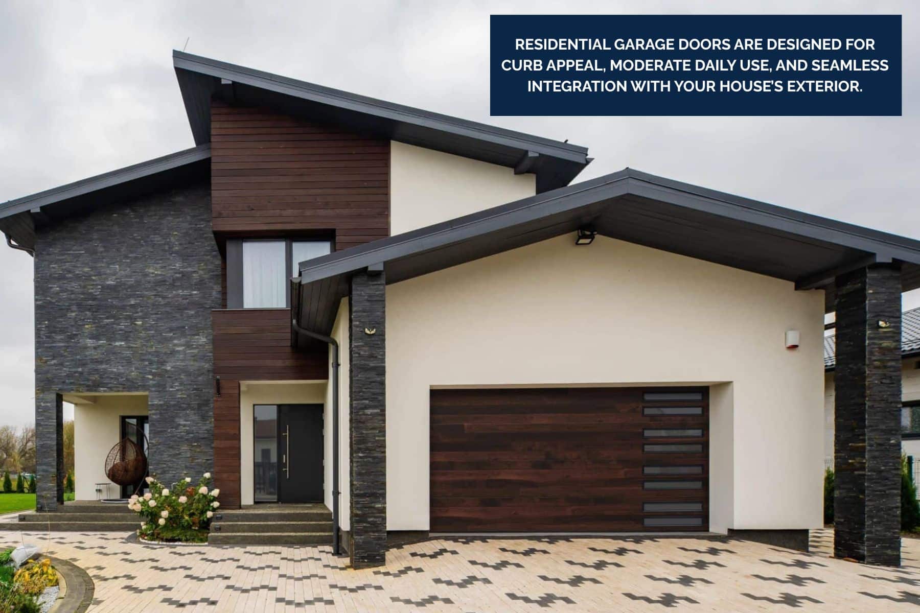 Residential garage doors are designed for curb appeal, moderate daily use, and seamless integration with your house’s exterior.