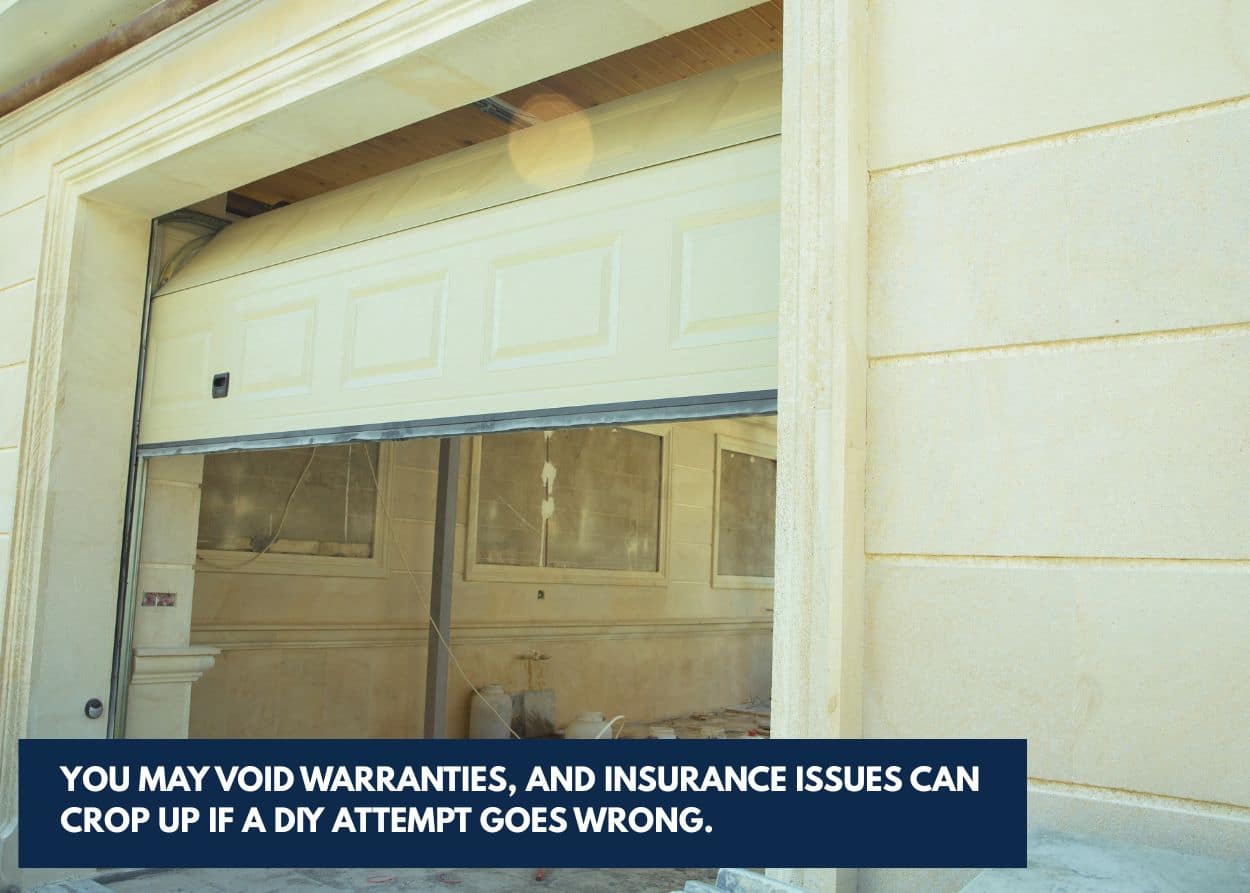 Partially opened garage door showing misalignment and interior damage during a garage door repair project. Caption: You may void warranties, and insurance issues can crop up if a DIY attempt goes wrong.