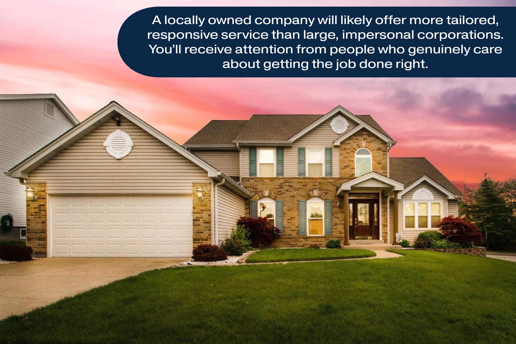 Suburban brick house with attached garage at sunset, illustrating residential garage door installation and maintenance needs