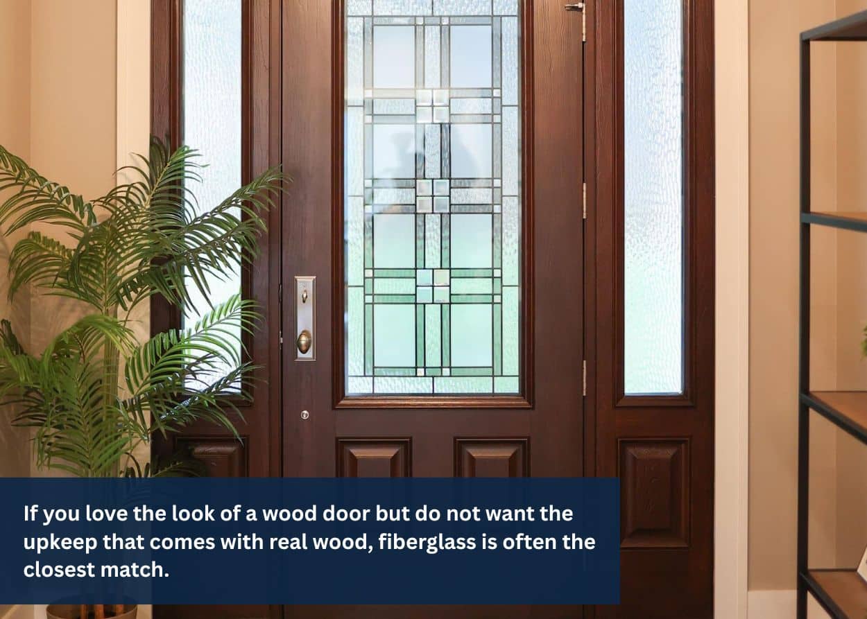 Fiberglass entry door with a realistic wood-grain finish, decorative glass insert, and matching sidelights.