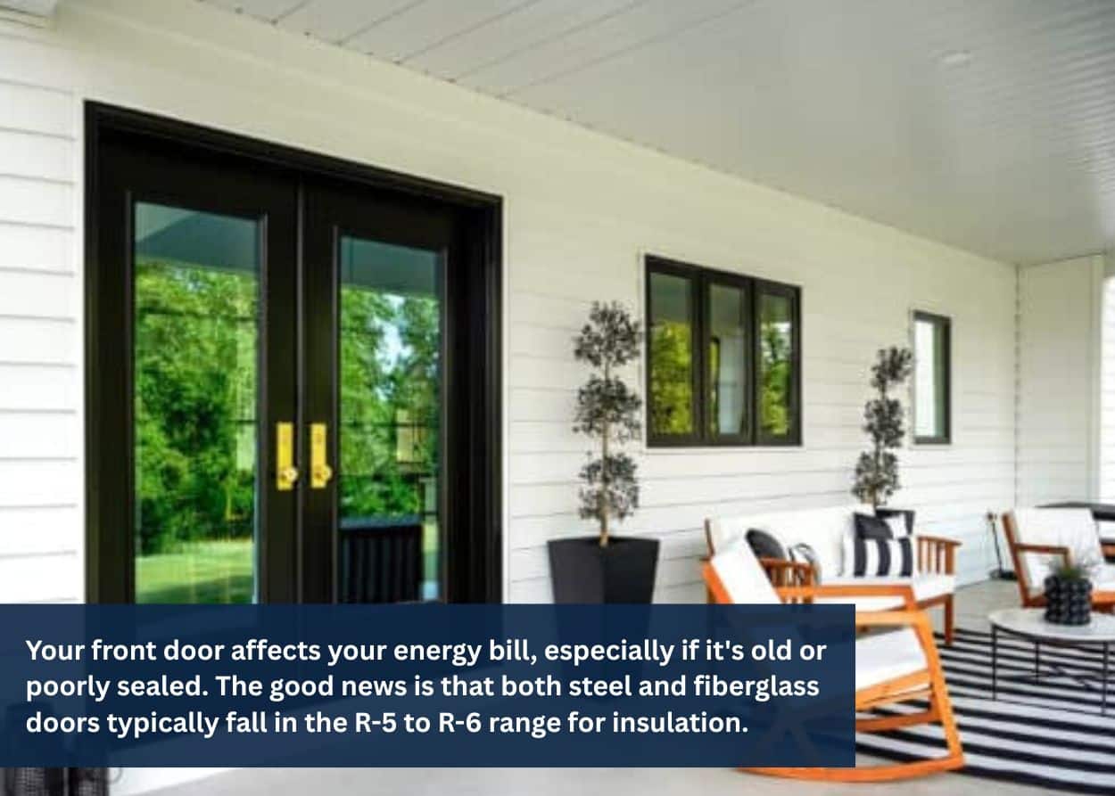 Black fiberglass front entry door with large glass panels installed on a covered front porch.