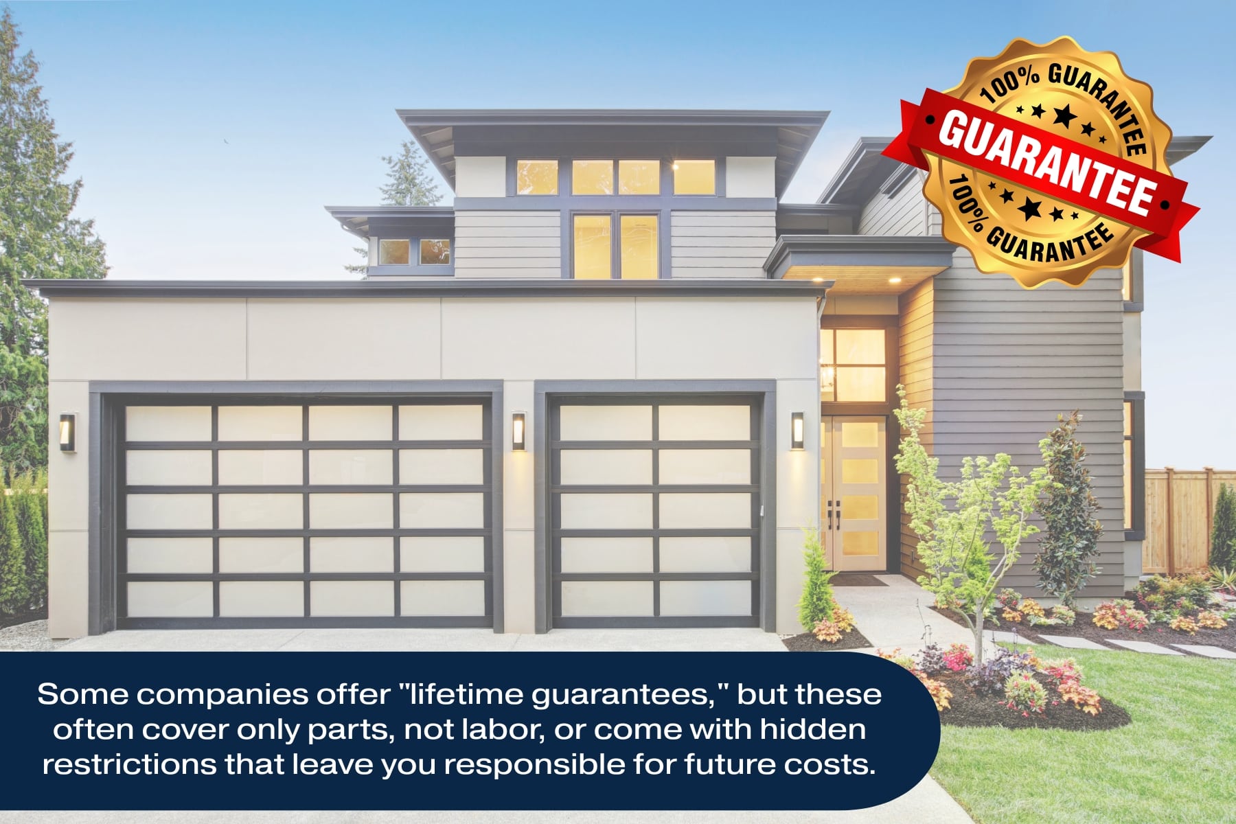 Modern two-story home with double garage doors and landscaped front yard, example of residential property needing garage door repair and replacement services.