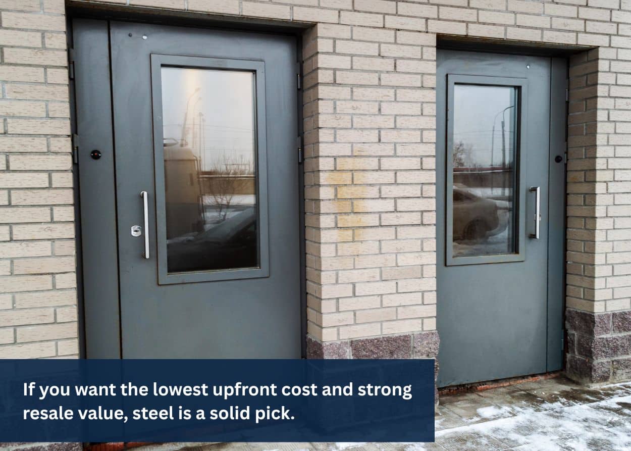Gray steel commercial entry doors with narrow glass windows installed in a brick building.